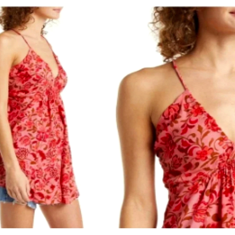 NWT Free People Pixie Cross Back Tunic Top Floral Pink Coral Combo, sz Small